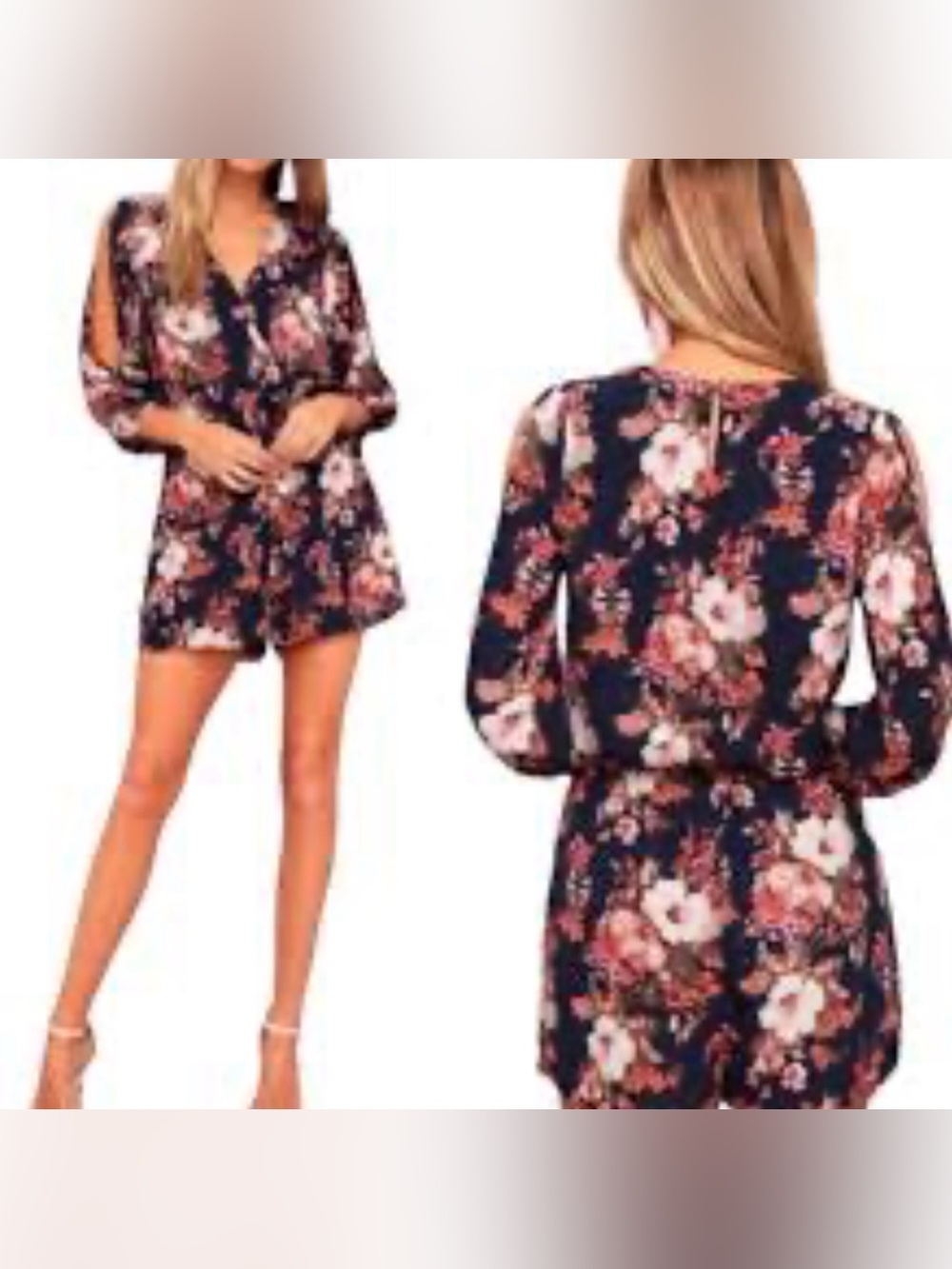 LULUS Luck and Love Navy Blue Floral Print Three-Quarter Sleeve Romper Size XS
